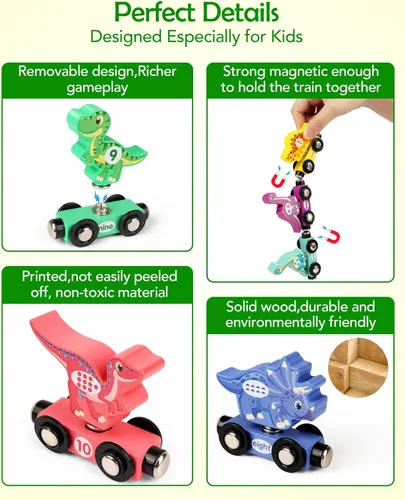 Miniatura 4 de Vanmor Juego de tren de dinosaurio de madera para niños pequeños, juguetes magnéticos de dinosaurios y tren de números, perfecto para actividades