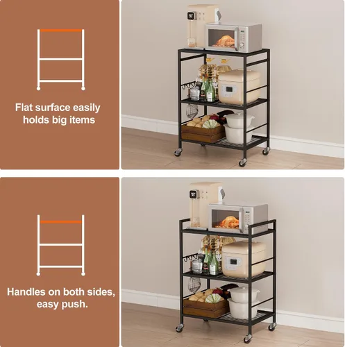 Miniatura 6 de Carrito de cocina de 3 niveles con estantes ajustables - Carrito de almacenamiento para microondas y organizador rodante utilitario, ruedas