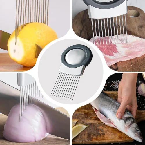 Miniatura 5 de Cortador de cebolla de acero inoxidable, soporte de cebolla mejorado 2025 para rebanar, utensilios de cocina, picador de verduras para cortar limón