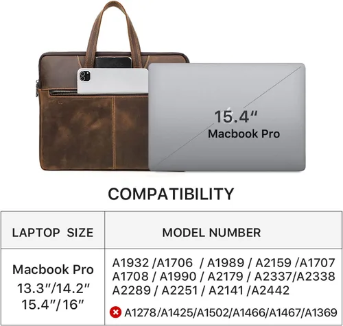 Miniatura 5 de Top Grain Leather - Maletín delgado para laptop de 15.4 pulgadas, diseño vintage con 5 bolsillos, hecho a mano, compatible con MacBook Pro/Air de 5