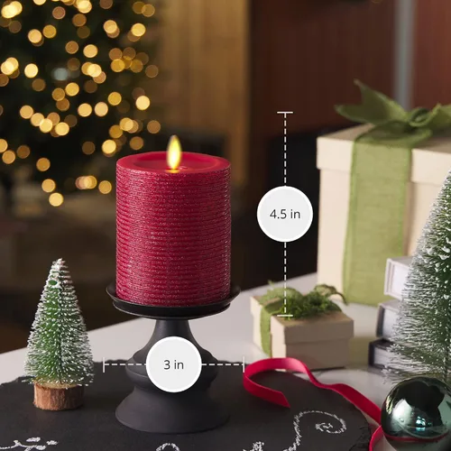 Miniatura 6 de Luminara Vela de llama artificial realista con purpurina metálica roja horizontal (3 x 4.5 pulgadas) con llama móvil, funciona con pilas, sin