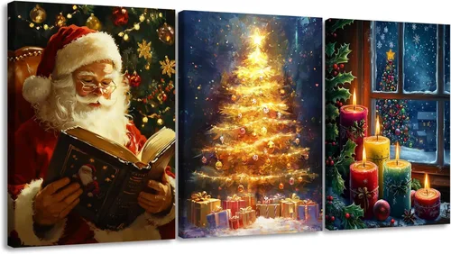 Miniatura 10 de Pennimor Lienzo decorativo para pared de Navidad, juego de 3 marcos de 12 x 16 pulgadas, decoración navideña a cuadros rojos y negros, póster