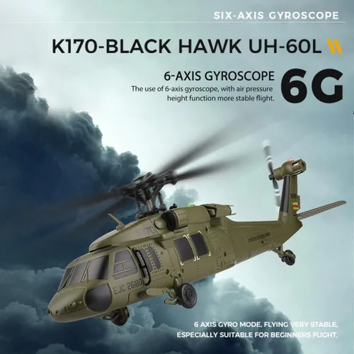 Miniatura 3 de FunXylophy WL K170 Helicóptero RC, 2.4G 4CH Flybarless 6-Axis Giroscopio Altitude Hovering RC Helicóptero militar con soporte de exhibición