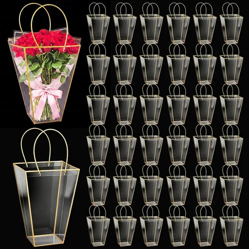 Miniatura 8 de Yexiya 12 bolsas florales grandes transparentes para ramo de flores a granel con asa transparente para regalo de boda, regalo de boda, regalo