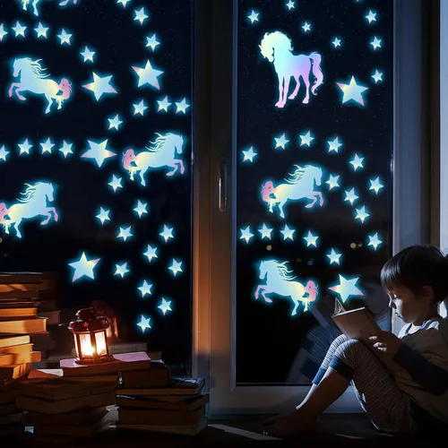 Miniatura 2 de Calcomanías de pared de unicornios que brillan en la oscuridad, unicornios, estrellas, calcomanías de pared para decoración de dormitorio de bebés