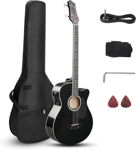 Miniatura 8 de Ktaxon Bajo acústico de 4 cuerdas, tamaño completo, kit de bajo con bolsa portátil, cable premium, llave, correa, púa (Azul)