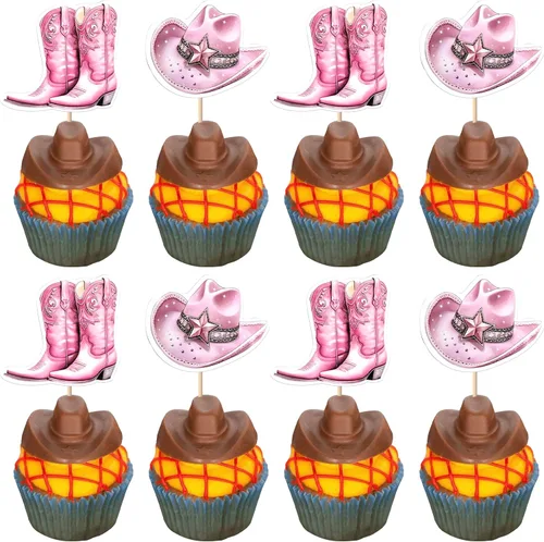 Miniatura 11 de Rsstarxi Paquete de 30 adornos de vaquero para cupcakes con purpurina para zapatos de caballo de vaquero, botas, pistola, temática occidental