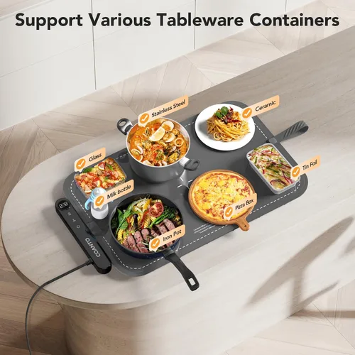 Miniatura 7 de Tapete de calentamiento para alimentos, bandeja de calentamiento impermeable para fiestas de buffets, calentador de alimentos con 7 ajustes de Gris