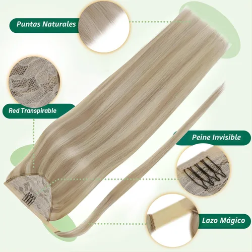 Miniatura 4 de Easyouth Extensión de cabello humano rubio con cola de caballo, extensiones de cabello humano rubio dorado con reflejos rubios, extensiones