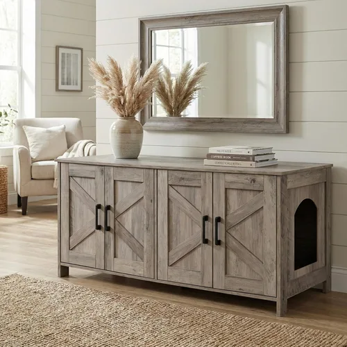 Miniatura 17 de Caja de arena para gatos Homhedy, mueble de baño de madera para gatos con puerta de granero, casa para mascotas, se adapta a la mayoría de las cajas