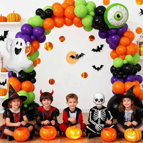 Miniatura 5 de Kit de arco de guirnalda de globos de Halloween, globos de papel de aluminio de fantasma y globo ocular grande con globos negros, naranjas, morados
