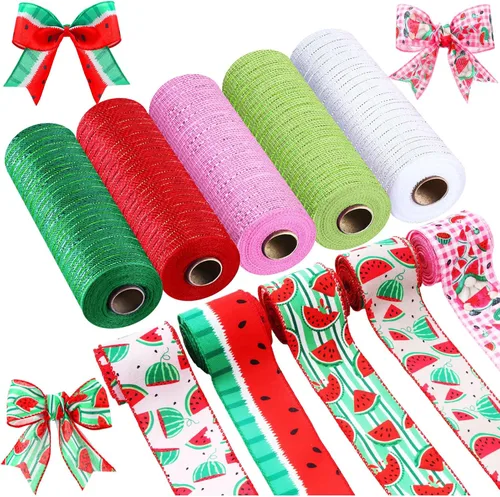 Woanger 10 Rollos de Cinta con Borde de Alambre a Rayas de Sandía y Cinta de Malla para Envoltorio de Regalos DIY de Verano, Manualidades, Corona