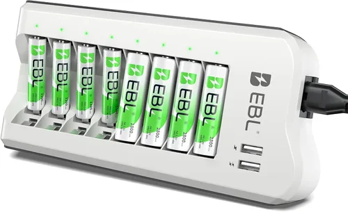 EBL Cargador de batería y baterías recargables AA AAA - Cargador inteligente de 8 bahías con baterías recargables AA de 2800 mAh (4 piezas) y
