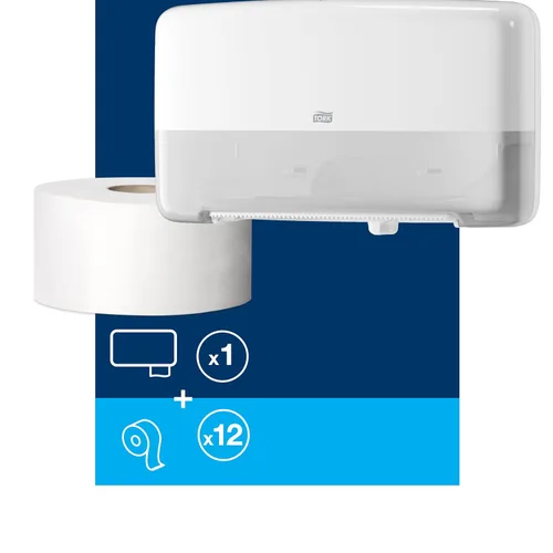 Tork Twin Mini Jumbo - Dispensador de rollos de papel higiénico, color blanco, T2 + recarga, rollo de papel higiénico mini jumbo (12 x 1075 hojas),