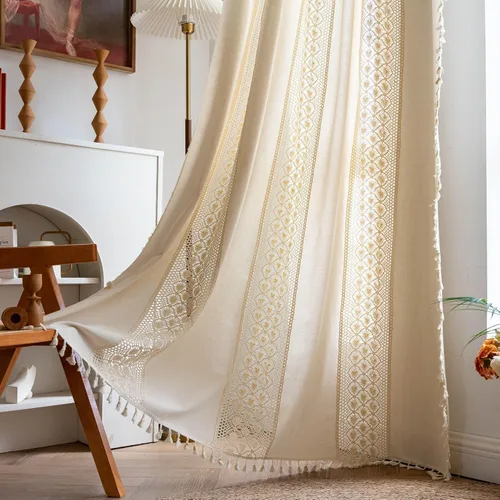 Miniatura 16 de Deeprove Cortinas bohemias para dormitorio, rayas huecas de ganchillo crema y estampado floral, tela de lino de algodón, con borlas beige bohemias