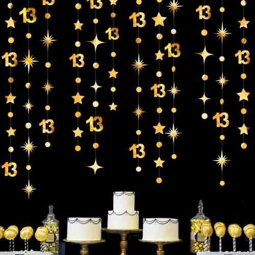 Miniatura 24 de Decoraciones Negras de Cumpleaños Número 13 Círculo Punto Estrella Centelleante Guirnalda Serpentina Colgante Metálica Banderín Banner Telón de Negro