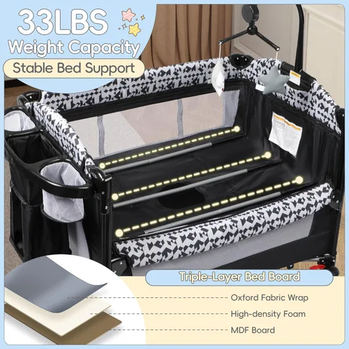 Miniatura 7 de Xilingol Parque de juegos 5 en 1, moisés para bebé con cambiador de pañales junto a la cama, bolsa de almacenamiento y caja de música, cuna portátil