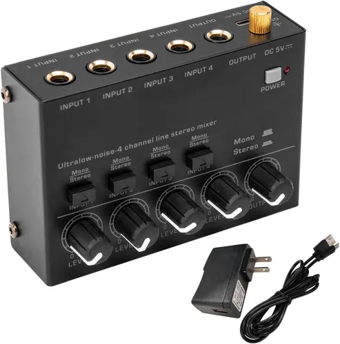 Miniatura 7 de Mezclador estéreo de línea de 4 canales de ruido ultra bajo 4 entradas 1 salida DC 5V mini mezclador de audio portátil micrófono guitarra bajo
