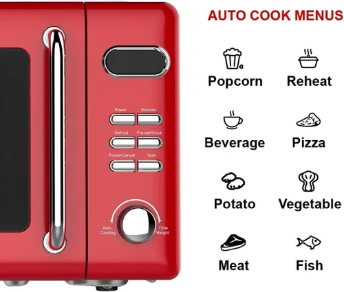 Miniatura 4 de Emerson MWR7020RD Horno Microondas Compacto Retro de Encimera con Control de Botones, Pantalla LED, 700W 5 Niveles de Potencia, 8 Menús Automáticos