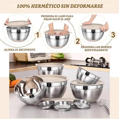 Miniatura 7 de Umite Chef, juego de 8 cuencos para mezclar con tapas herméticas, cuencos anidados de acero inoxidable color caqui con accesorios para rallar