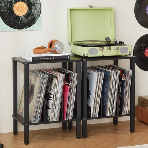 Miniatura 10 de LELELINKY Soporte para tocadiscos de 2 niveles con almacenamiento de discos de vinilo hasta 100 álbumes, soporte para discos de dormitorio y mesa