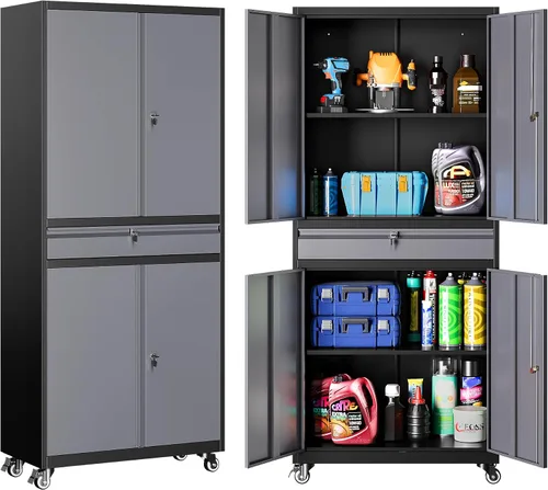Miniatura 34 de SISESOL Armario de almacenamiento de metal con cajón y cerradura, gabinete de almacenamiento de metal negro con puertas de bloqueo y estantes