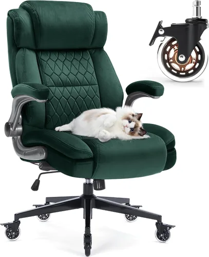 Miniatura 12 de Silla de oficina con respaldo alto de 400 libras, tela acolchada gruesa, soporte lumbar ajustable y brazos abatibles, ruedas de bloqueo, silla