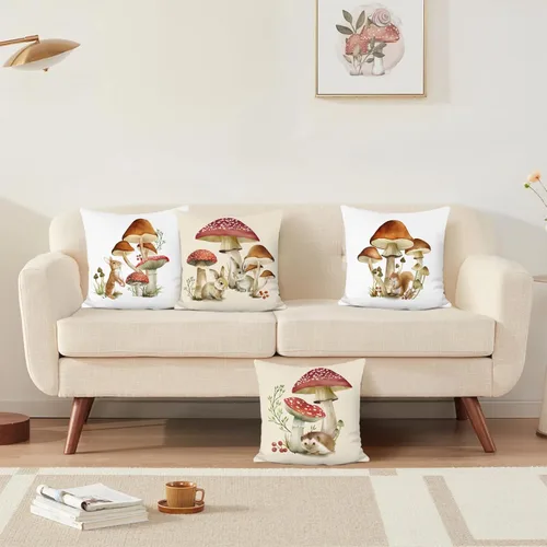 Miniatura 2 de Bonhause Juego de 4 fundas de almohada decorativas de 18 x 18 pulgadas con diseño de hongos y ardilla de conejo, para sofá, hogar, decoración