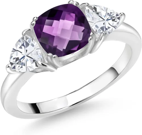 Miniatura 40 de 925 Sterling Silver Gemstone Birthstone and White Moissanite 3-Stone Engagement Ring for Women 7MM Cushion and 5MM Trillion Accents Three Stone