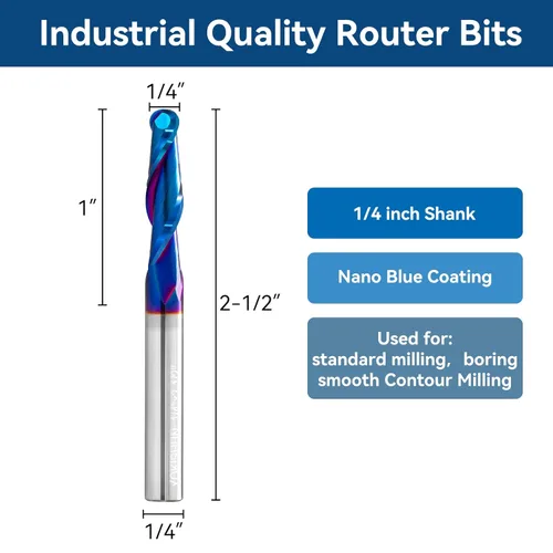 Miniatura 2 de 5 piezas de brocas de fresadora CNC 1/4 pulgada de vástago de carburo con punta de bola con revestimiento nano azul para fresado lateral, fresado