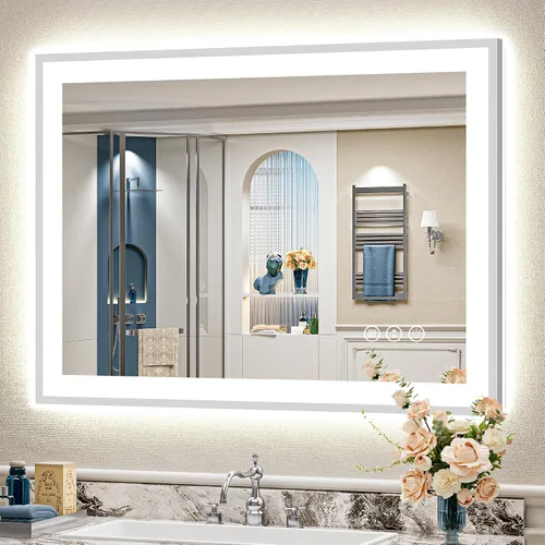 Miniatura 83 de 24x30 Espejo de baño LED con marco negro con luces, retroiluminado + iluminación frontal, espejo de tocador iluminado antivaho para pared de baño