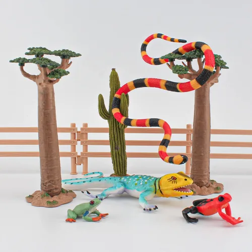 Miniatura 5 de Figura de serpiente del bosque, figuras de lagarto, figuras de rana, 4 piezas, figuras de animales del bosque tropical, juguetes de rana