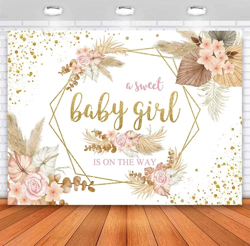 Sensfun Telón de fondo bohemio para baby shower con texto en inglés "It's A Girl", fondo de fotografía de baby shower, rosa rubor, floral, hierba de