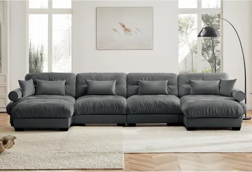 Miniatura 18 de Reposapiés Otomano Tapizado de Terciopelo con Cojín para Sofá Seccional Sofá 300 libras para Sala de Estar (Beige)