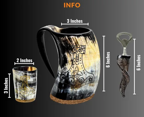 Miniatura 4 de Taza de cuerno de buey vikingo, 16–20 oz (Worthy Mjolnir) Taza de cuerno de buey y stein de café Elegante y hecha a mano para hombres y mujeres