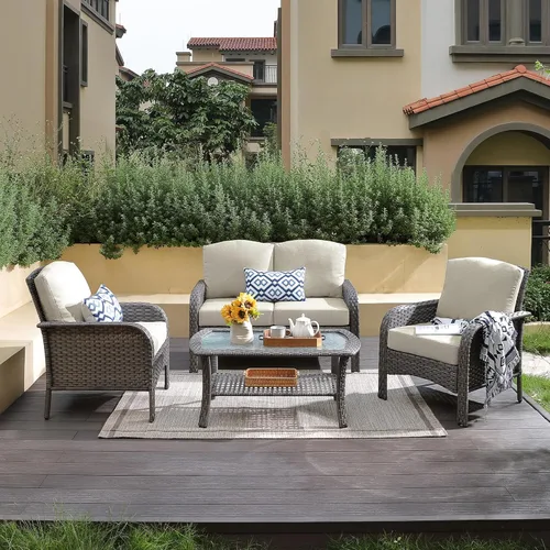 Miniatura 34 de CAODOC Juego de muebles de mimbre para patio, 4 piezas, para todo tipo de clima, sofá biplaza y mesa para patio trasero, balcón y terraza