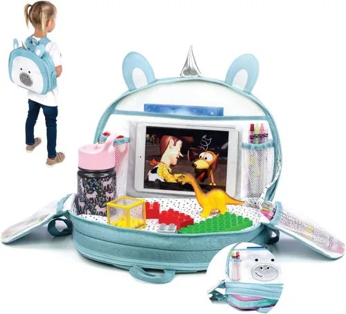 Lulyboo Bandeja y mochila para asiento de automóvil de unicornio para niños pequeños | Escritorio de viaje para niños con superficie de escritura,