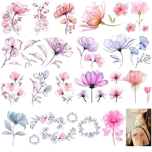 Tatuajes temporales de flores para mujer, 10 hojas de calcomanías de tatuaje de acuarela falsa de lirio de rosas, arte impermeable para cara,