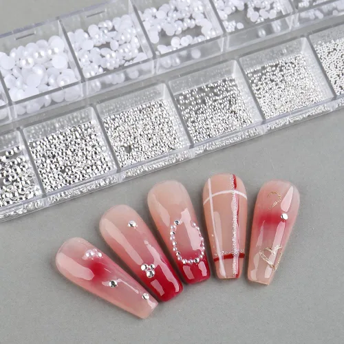 Miniatura 2 de 1 caja/12 rejillas para arte de uñas, perlas blancas para uñas, cuentas de perlas semicirculares, pequeñas cuentas de acero inoxidable, cuentas