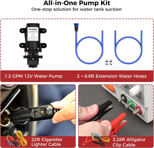 Miniatura 7 de CAMPLUX Nano 3 Calentador de agua portátil de propano con kit de bomba, diseño compacto y ligero, cables de bomba de conexión rápida y mangueras