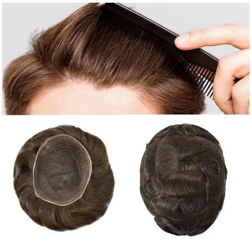 Miniatura 34 de Extensiones de cabello suizo completo para hombre, sistema de reemplazo de cabello humano europeo para hombres