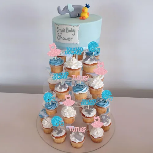 Miniatura 8 de Gyufise 24 piezas de decoración de cupcakes para niños o niñas, tutús para retoque de género, decoración de rugby para fiesta de revelación