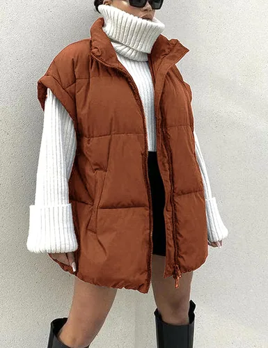 Miniatura 8 de APAFES Chaleco acolchado de invierno para mujer, ligero, cuello alto, manga corta, acolchado, con bolsillos
