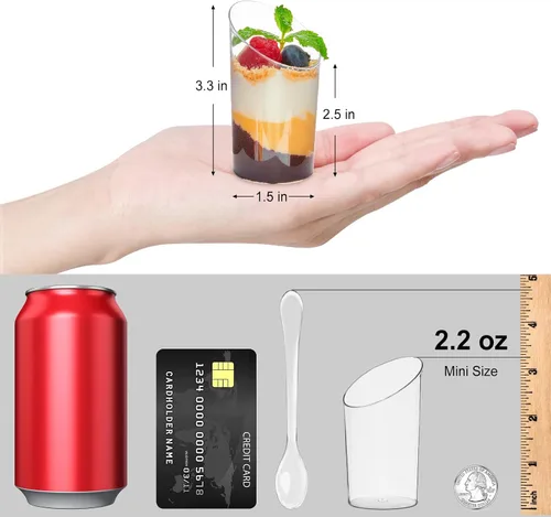 Miniatura 2 de TOFLEN Paquete de 100 mini tazas de postre con cucharas, tazas redondas de plástico para postres de 2.2 onzas, tazas inclinadas para aperitivos