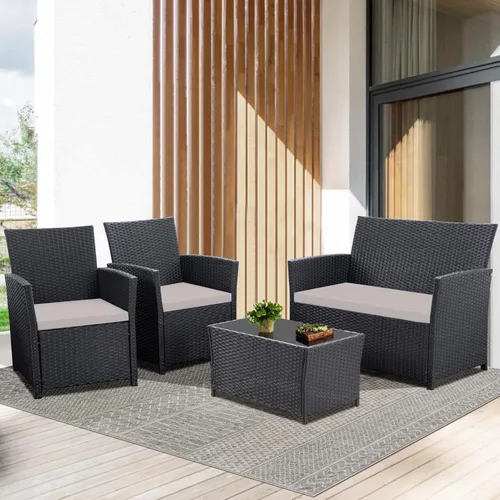 Miniatura 8 de FHFO Juego de 4 muebles de patio al aire libre, muebles de exterior, juego de sofá modular de mimbre para conversación al aire libre, juego de sofá