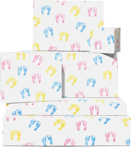 CENTRAL 23 - Nuevo papel de regalo para bebé - 6 hojas de papel de regalo - Pies de bebé - para niñas o niños - Rosa azul y amarillo - Reciclable
