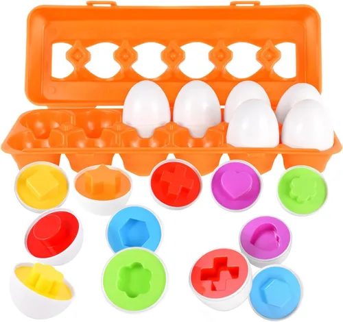 Miniatura 11 de CPSYUB Juguete de huevo a juego, 12 piezas para niños pequeños de 1 a 3 años, reconocimiento de forma y color de huevos de Pascua con cartón