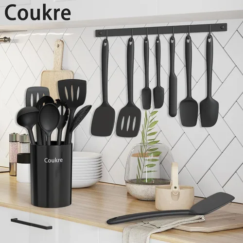 Miniatura 6 de Coukre Juego de utensilios de cocina de silicona con soporte, resistentes al calor, herramientas de cocina de grado alimenticio, espátula, cuchara