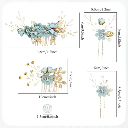Miniatura 7 de inSowni 20 piezas de diamantes de imitación de perlas nupciales, bodas, fiestas, bailes, flores verdes claras, peines laterales + horquillas novias
