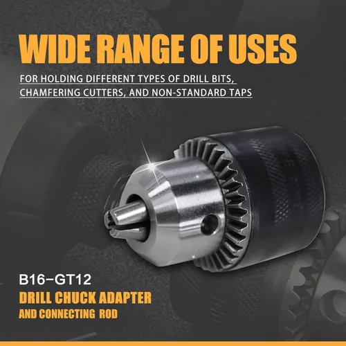 Miniatura 4 de ZAC Adaptador de Portabrocas de Taladro GT12, Compatible con Máquina Roscadora Eléctrica M16R, Metal, Incluye Llave de Portabrocas, Adaptador